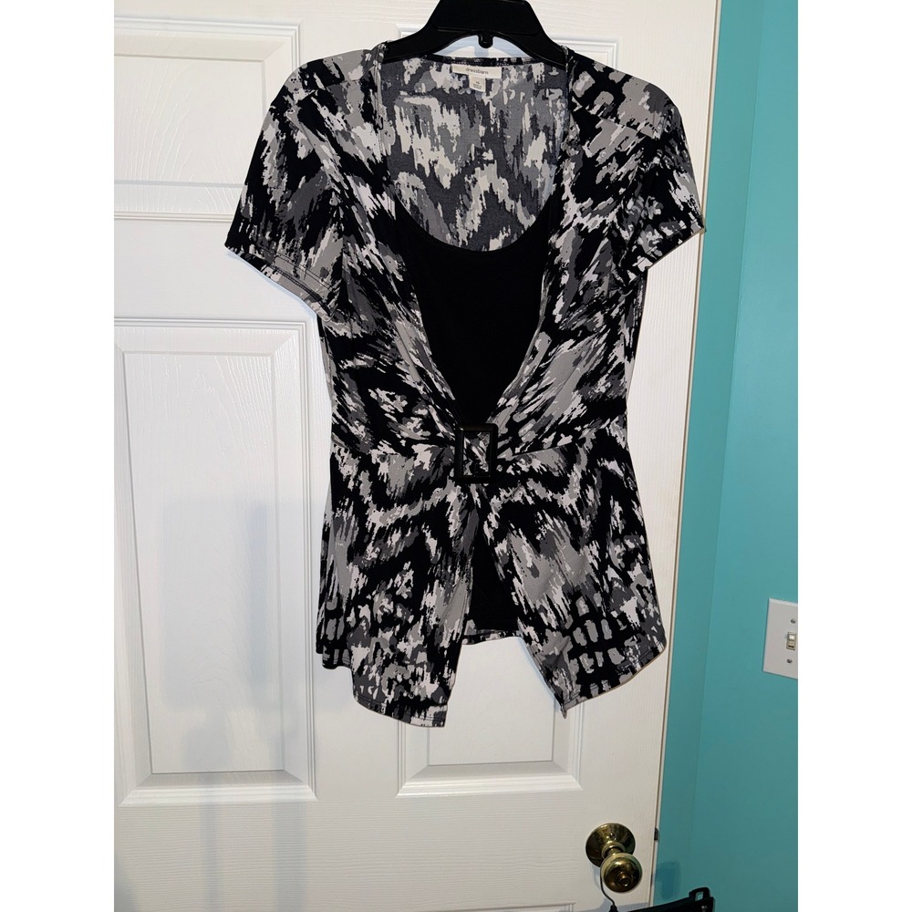 Dressbarn Womens Black Grey Abstract Print Buckle Waist Layered Top Size 10